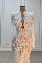 Vintage White Mermaid High-Neck Long Sleeve Floor-Length Lace Wedding Dresses